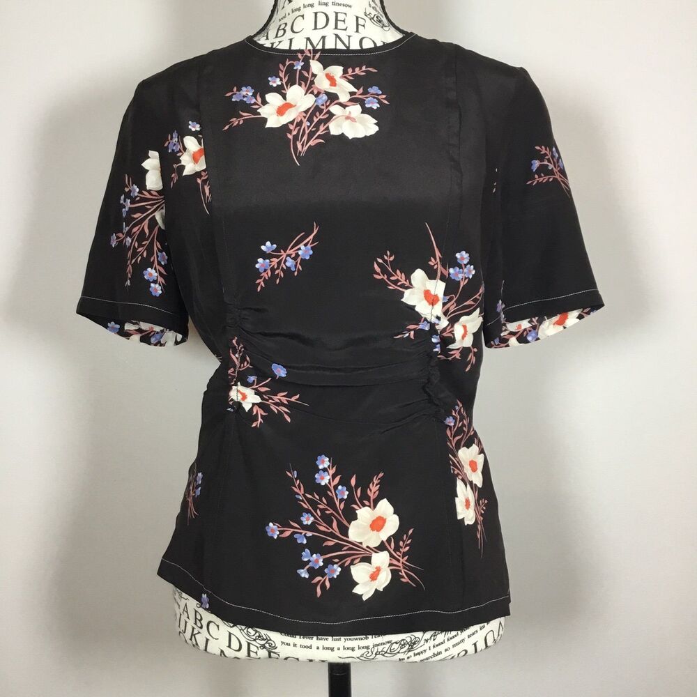 Nina Ricci silk dark brown Asian inspired floral pattern top fitted 36/6/small
